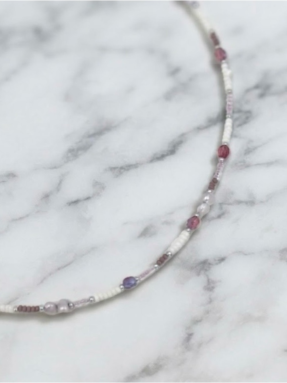 Freshwater Pearl Necklace with purple and white seed beads and gold accent. - Picture 2 of 2